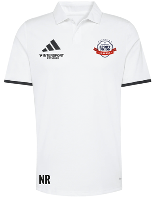 Weißes Poloshirt mit Adidas- und Sport Union Lasberg-Logo.