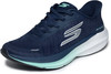 Dunkelblaue Skechers-Laufschuhe mit weißem Logo und hellblauer Sohle.