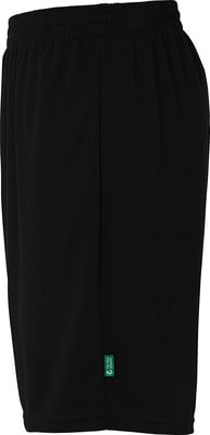 Schwarze Shorts mit elastischem Bund und kleinem grünen Etikett an der Seite. Schwarze Shorts mit elastischem Bund und kleinem grünen Etikett an der Seite.