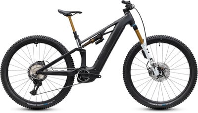 Schwarzes Cube Fullsuspension E-Mountainbike mit Fox-Federung und goldenen Akzenten.