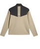 Rückansicht einer beige Jacke mit schwarzem Oberteil und Logo.