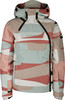 Damen-Winterjacke mit buntem abstraktem Muster und Kapuze.