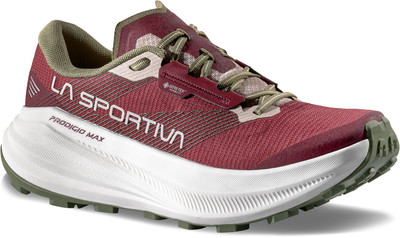 La Sportiva Prodigio Max Laufschuh in Dunkelrot mit weißer Sohle.