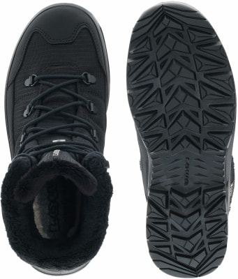 Schwarze Winterstiefel mit Fell und grober Sohle, oben geschnürt. Schwarze Winterstiefel mit Fell und grober Sohle, oben geschnürt.