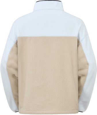 Rückansicht eines hellblau-beigen Fleece-Pullover mit Farbblockdesign.