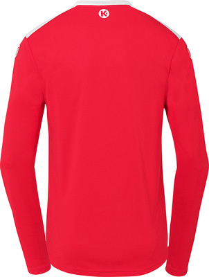 Rotes Langarmshirt mit weißem Streifen über den Schultern. Rotes Langarmshirt mit weißem Streifen über den Schultern.