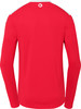 Rotes Langarmshirt mit weißem Streifen über den Schultern.