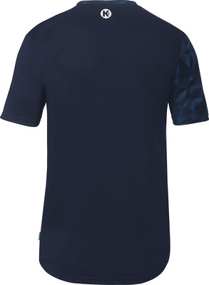 Dunkelblaues T-Shirt mit geometrischem Muster auf den Ärmeln und Logo auf dem Rücken.