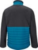 Rückansicht einer dunkelgrauen Fleecejacke mit blauem gestepptem Unterteil.