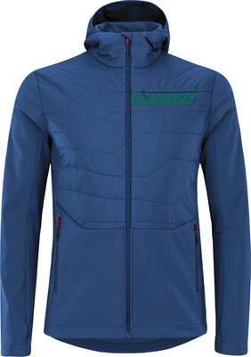 Blaue Herrenjacke mit Kapuze und Kontrastreißverschlusstasche.