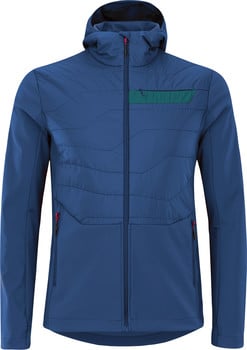 Blaue Herrenjacke mit Kapuze und Kontrastreißverschlusstasche.