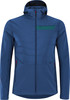 Blaue Herrenjacke mit Kapuze und Kontrastreißverschlusstasche.
