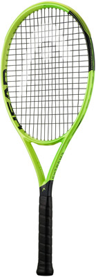 Dieser leuchtgrüne HEAD Extreme Tennisschläger hat einen schwarzen Griff. Dieser leuchtgrüne HEAD Extreme Tennisschläger hat einen schwarzen Griff.