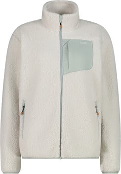 Beige Fleecejacke mit hohem Kragen, Reißverschluss und Brusttasche.
