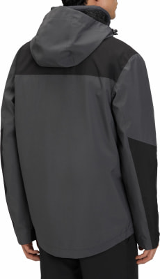 Rückansicht einer dunkelgrauen Herrenjacke mit Kapuze und schwarzen Einsätzen. Rückansicht einer dunkelgrauen Herrenjacke mit Kapuze und schwarzen Einsätzen.