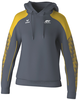 Grauer Kapuzenpullover mit gelben Akzenten und Muster an den Ärmeln.