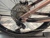 Detail des hinteren Schaltwerks und der Kassette an einem rosafarbenen Fahrrad.