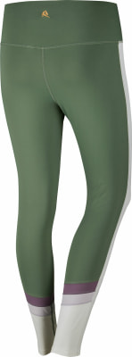Grüne Leggings mit weißem Streifen und farbigem Saum am Knöchel.