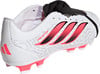 Weiße Adidas Predator Fußballschuhe mit rosa Streifen und schwarzer Schnürung.