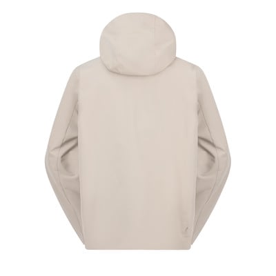 Rückansicht einer beigen Kapuzenjacke, schlichtes Design. Rückansicht einer beigen Kapuzenjacke, schlichtes Design.