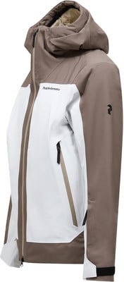 Eine braun-weiße Jacke mit Kapuze und Peak Performance Logo.