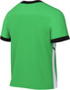 Grünes T-Shirt mit schwarzem Kragen und schwarzen Ärmelbündchen.