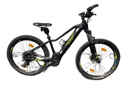 Schwarzes E-Mountainbike mit Federung und Intersport-Logo. Schwarzes E-Mountainbike mit Federung und Intersport-Logo.