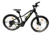 Schwarzes E-Mountainbike mit Federung und Intersport-Logo.