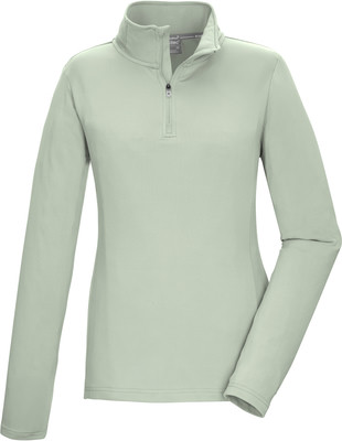 Damen hellgrüner Pullover mit Stehkragen und kurzem Reißverschluss. Damen hellgrüner Pullover mit Stehkragen und kurzem Reißverschluss.