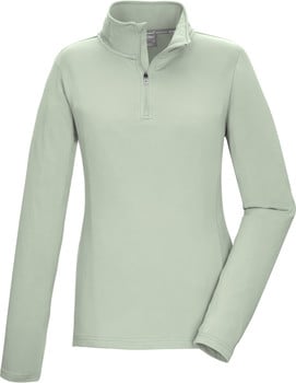 Damen hellgrüner Pullover mit Stehkragen und kurzem Reißverschluss.