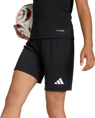 Ein Junge hält einen Fußball in schwarzen Shorts mit Adidas-Logo.