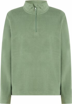 Grüner Fleece-Pullover mit halbem Reißverschluss am Kragen. Grüner Fleece-Pullover mit halbem Reißverschluss am Kragen.