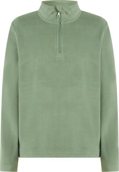 Grüner Fleece-Pullover mit halbem Reißverschluss am Kragen.