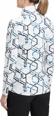 Damenjacke weiß mit geometrischem Muster in Blau- und Schwarztönen. Damenjacke weiß mit geometrischem Muster in Blau- und Schwarztönen.