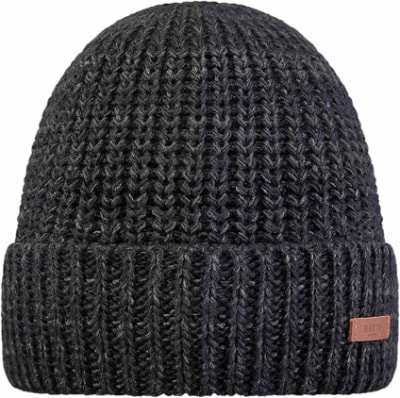 Dunkelgraue Strickmütze mit einem braunen Lederdetail.