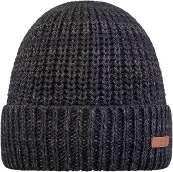 Dunkelgraue Strickmütze mit einem braunen Lederdetail.