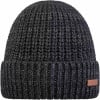 Dunkelgraue Strickmütze mit einem braunen Lederdetail.
