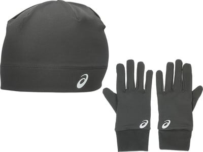 Graue Mütze und Handschuhe mit Asics-Logo.