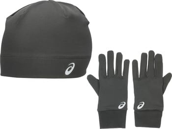 Graue Mütze und Handschuhe mit Asics-Logo.