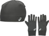 Graue Mütze und Handschuhe mit Asics-Logo.