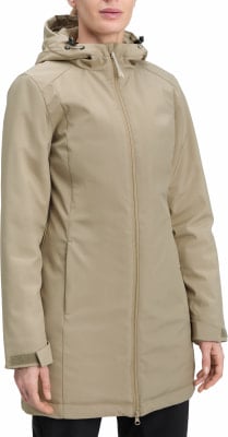 Damen-Trenchcoat in Beige mit Kapuze und Reißverschluss. Damen-Trenchcoat in Beige mit Kapuze und Reißverschluss.