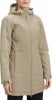 Damen-Trenchcoat in Beige mit Kapuze und Reißverschluss.