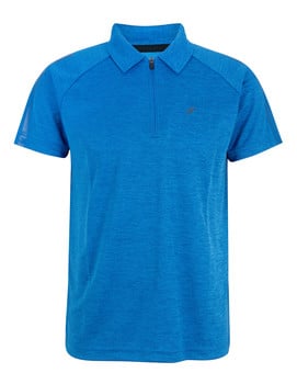 Blaues Herren-Poloshirt mit kurzen Ärmeln und Reißverschluss.