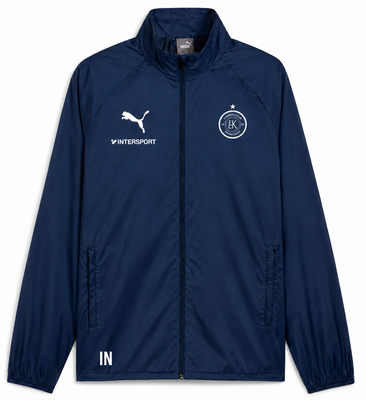Dunkelblaue Puma-Jacke mit Logos und Initialen auf der Brust.