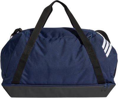 Dunkelblaue Adidas Sporttasche mit schwarzen Trägern und weißen Streifen. Dunkelblaue Adidas Sporttasche mit schwarzen Trägern und weißen Streifen.