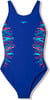 Blauer Speedo-Badeanzug mit buntem geometrischem Muster an den Seiten.