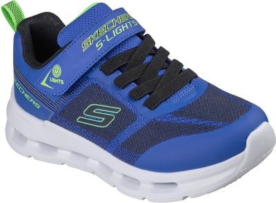 Ein blauer Skechers S-Lights Kinderschuh mit blauem Obermaterial und weißer Sohle. Ein blauer Skechers S-Lights Kinderschuh mit blauem Obermaterial und weißer Sohle.