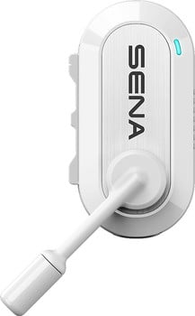 Ein weißes Sena Headset mit Mikrofon und blauer LED.