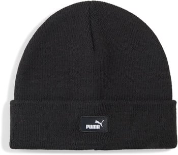 Schwarze Puma-Strickmütze mit Markenlogo auf der Vorderseite.