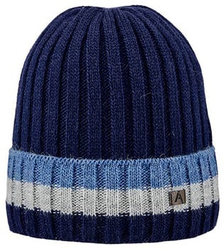 Dunkelblaue Strickmütze mit Streifen und Logo.
